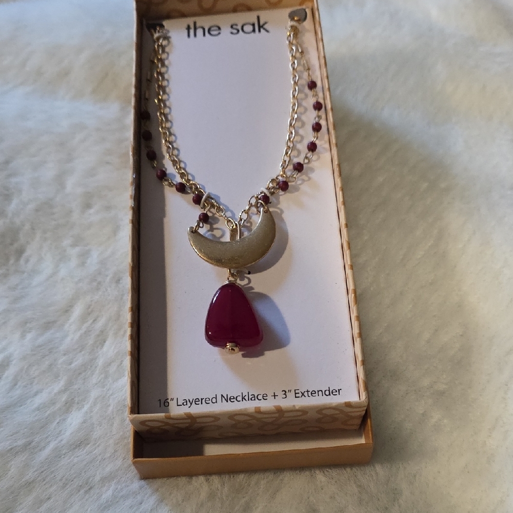 The Sak Gold and Burgandy Crescent Necklace